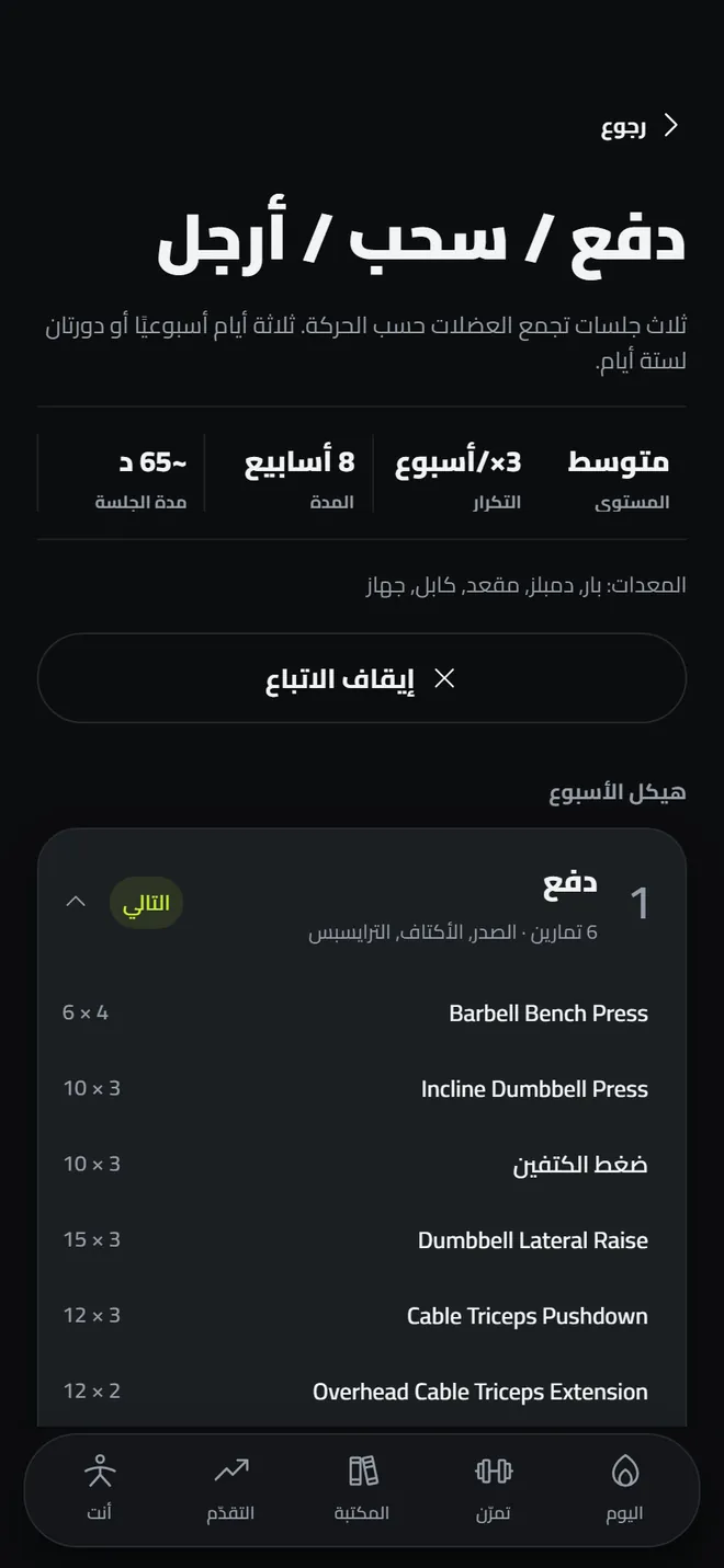 البنية الأسبوعية لبرنامج: الحصص والتمارين والمجموعات والتكرارات