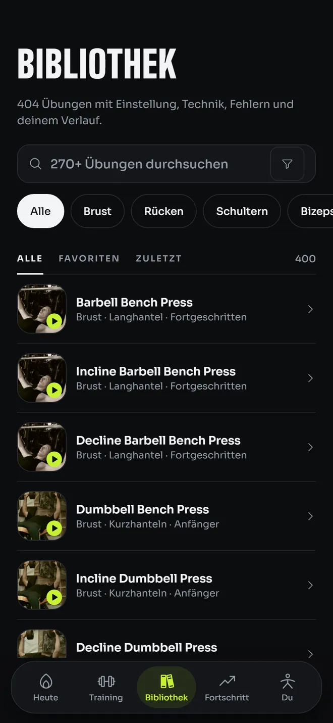Die Übungsbibliothek, nach Muskelgruppe gefiltert