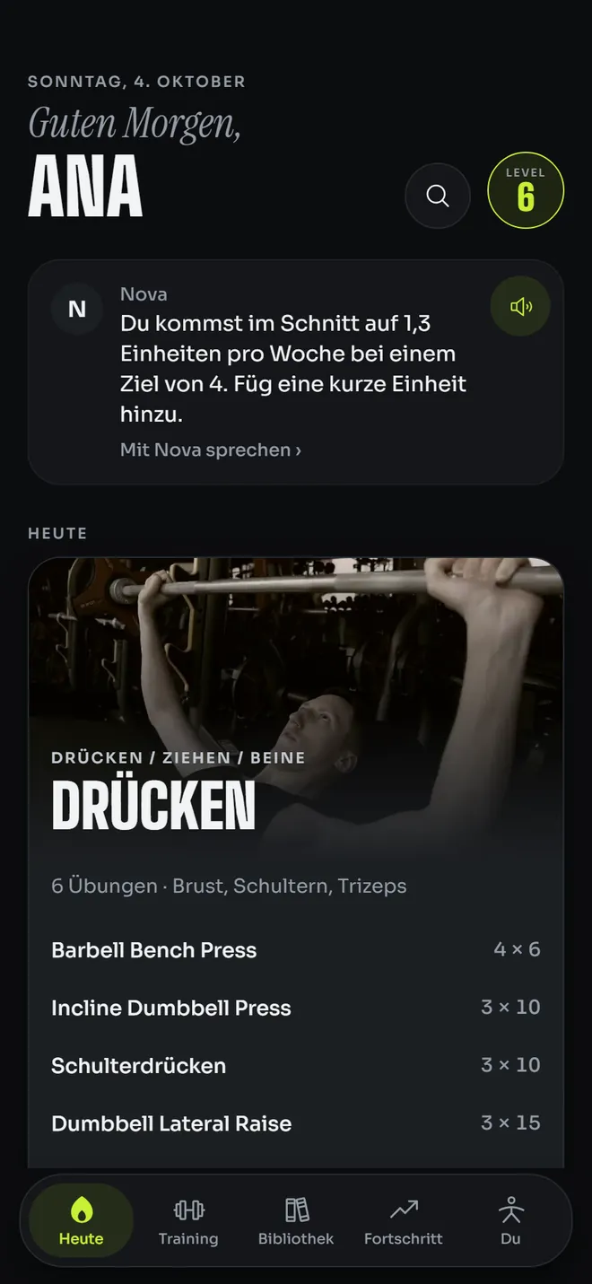 Der Heute-Bildschirm: das geplante Workout und eine Notiz vom Coach