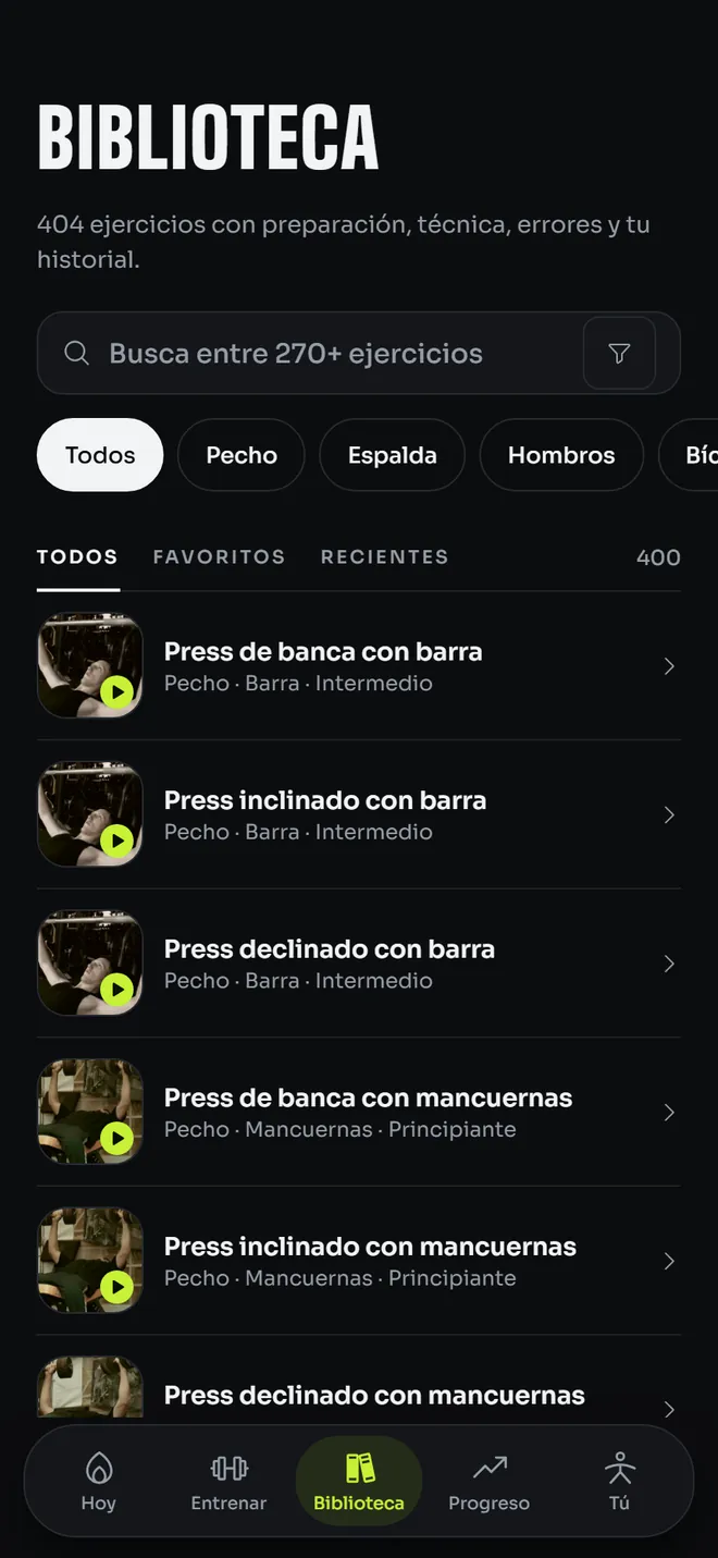 La biblioteca de ejercicios, filtrada por grupo muscular