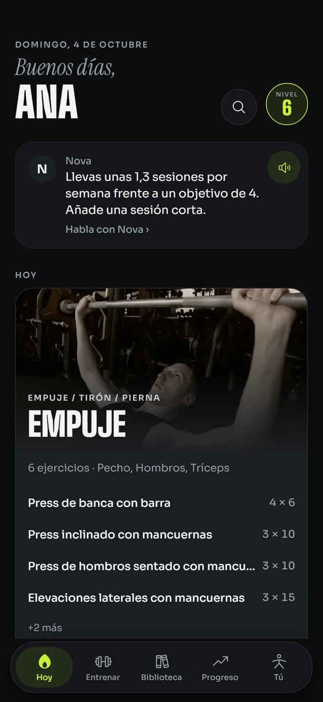 La pantalla Hoy: el entreno planificado y una nota del coach