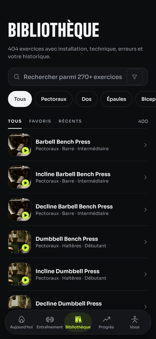 La bibliothèque d'exercices, filtrée par groupe musculaire