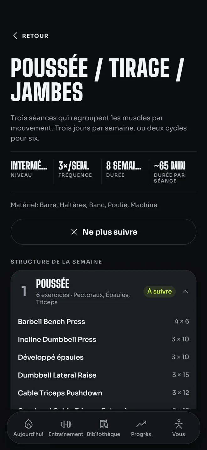 La structure hebdomadaire d'un programme : séances, exercices, séries et répétitions