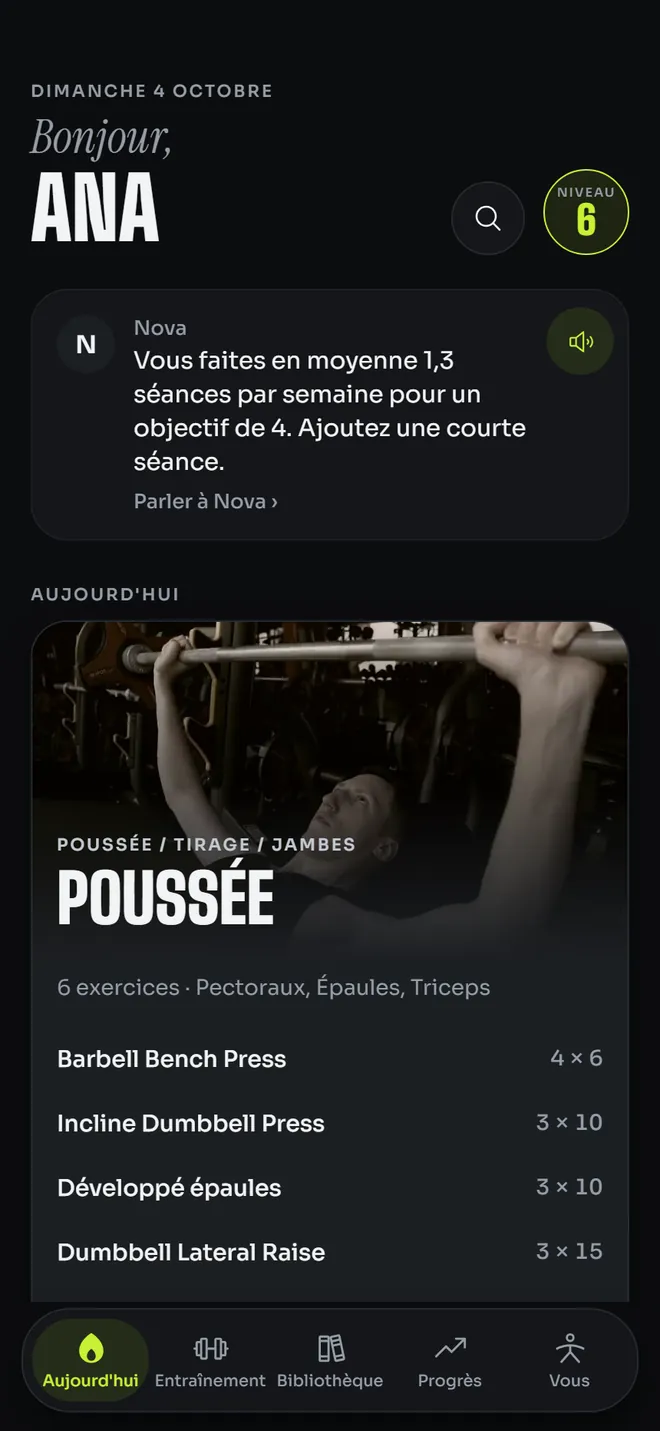 L'écran Aujourd'hui : la séance prévue et un mot du coach