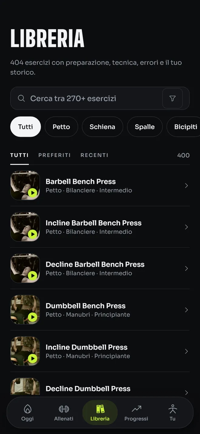 La libreria degli esercizi, filtrata per gruppo muscolare