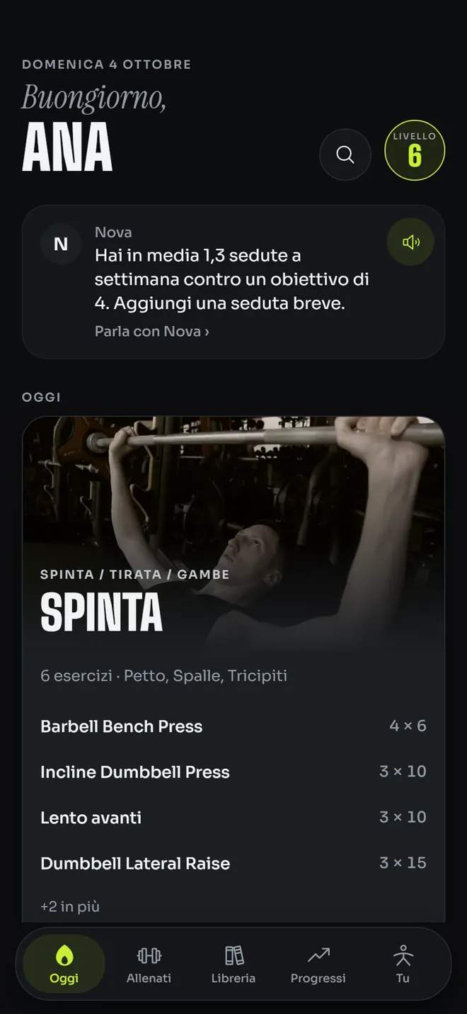 La schermata Oggi: l'allenamento previsto e una nota del coach