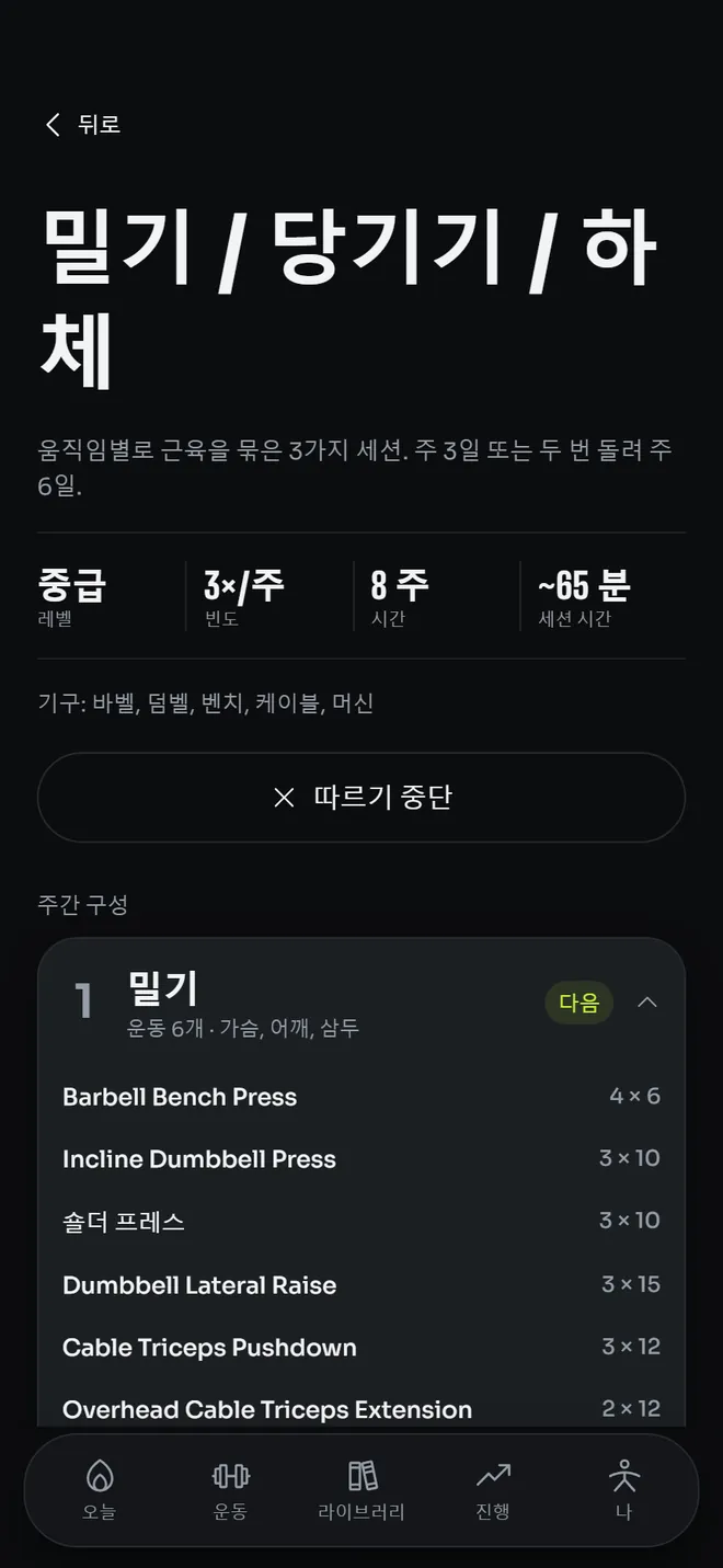 프로그램의 주간 구성: 세션, 운동, 세트와 횟수