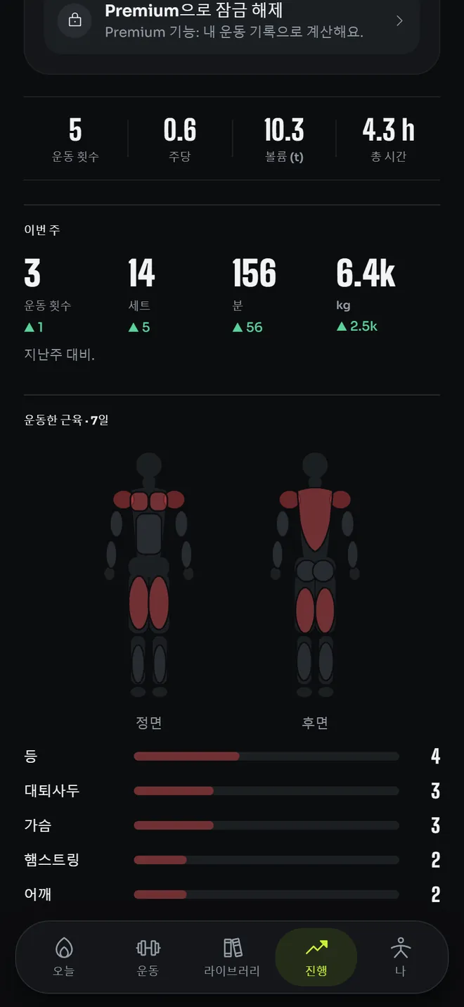 진척: 운동 횟수, 볼륨, 지난주와 비교한 이번 주