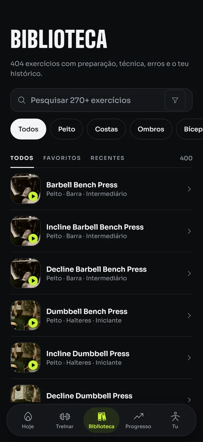 A biblioteca de exercícios, filtrada por grupo muscular