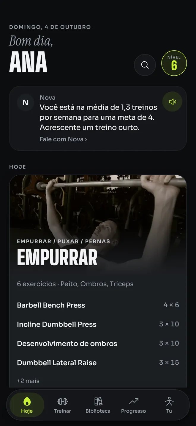 A tela Hoje: o treino planejado e um recado do coach